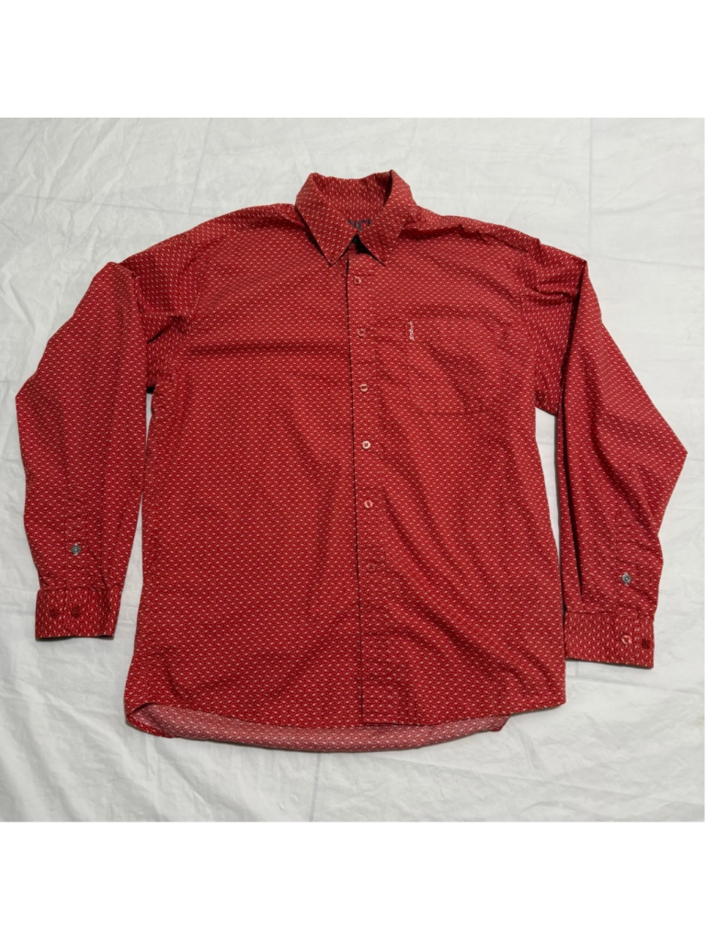 Cinch Men’s Modern Fit Long Sleeve Button Down Shirt Size L Red Geometric Print
